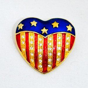 Enameled Patriotic Heart Brooch w/Rhinestones